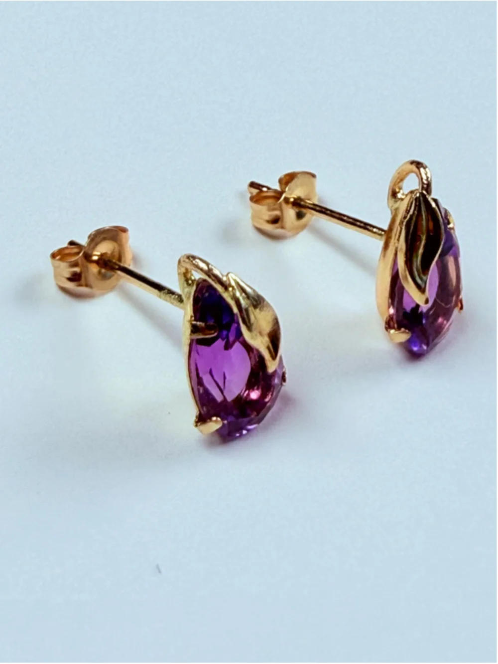 14K Solid Yellow Gold 1 CT Amethyst Pear Cut Solitaire Stud Earrings